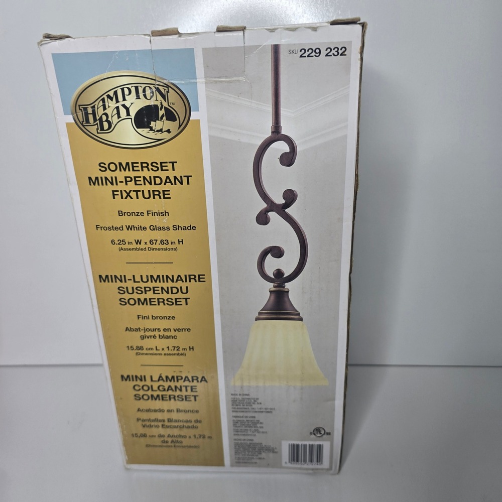 Hampton Bay Somerset Mini-Pendant Fixture Bronze Frosted Glass 229 232 NEW